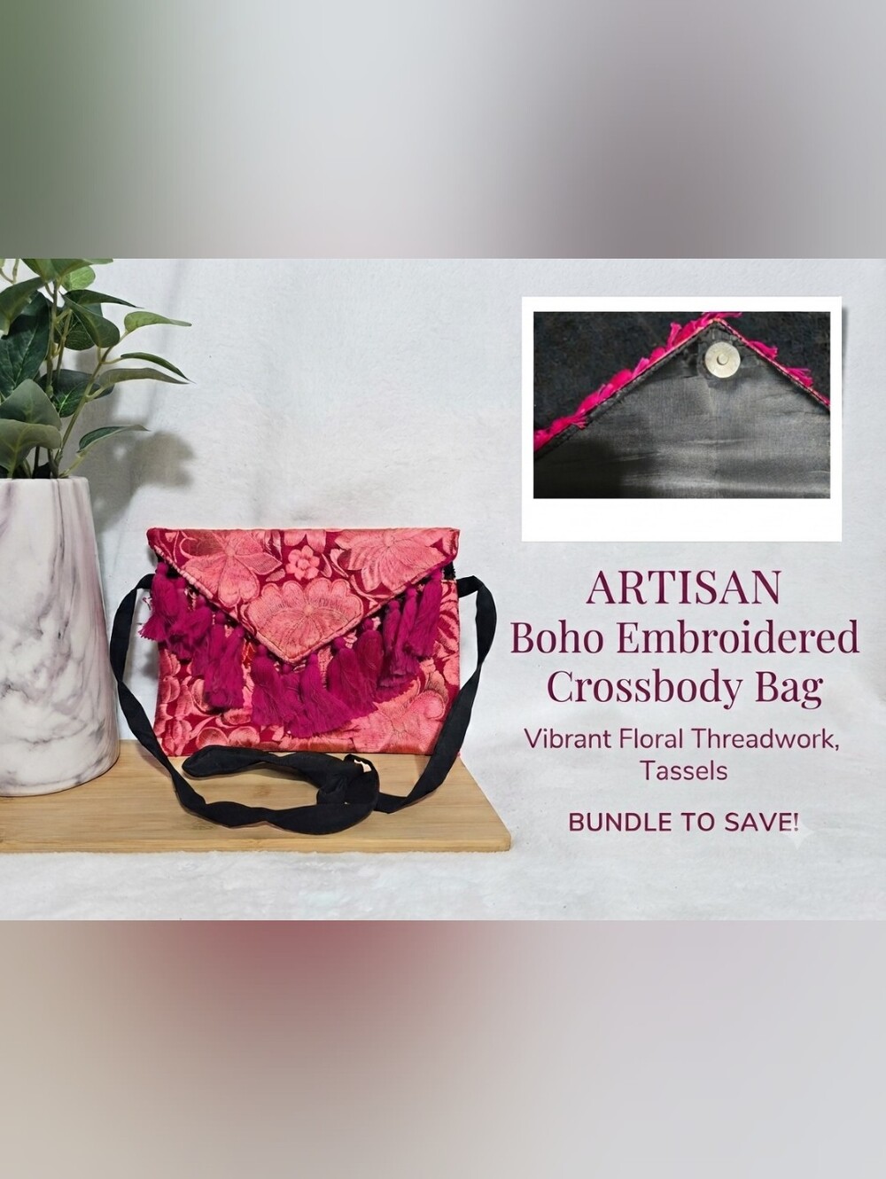 Boho Embroidered Tassel Crossbody Bag - Pink